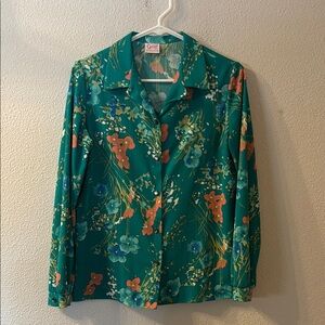 Graff Floral Teal Button Down Blouse